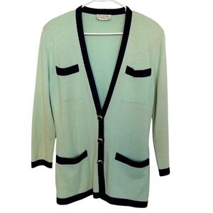 ST JOHN Mint Green Cardigan Sweater Size 10 Navy Trim Pockets Quiet Luxury